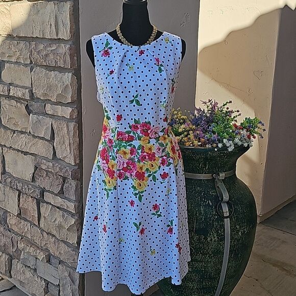 Elle floral and polka dot sleeveless zipper back lined dress size large - Picture 3 of 11